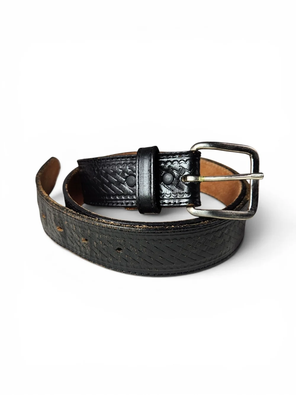 Genuine Leather Black Tooled Basketweave Belt Size 40 Embossed Western Casual